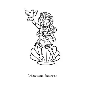 Coloriage de la déesse Aphrodite en dessin animé avec un coquillage et une colombe