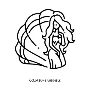 Coloriage d’Aphrodite, la déesse grecque, en dessin animé avec une coquille Saint-Jacques
