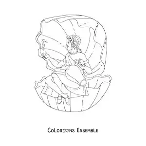 Coloriage d’Aphrodite, la déesse, assise sur un coquillage