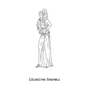 Coloriage d’Aphrodite, la déesse de la beauté, en dessin animé avec sa tunique