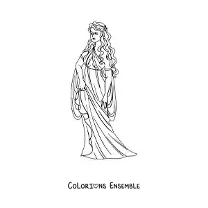 Coloriage d’Aphrodite, la déesse de l’amour, en dessin animé avec sa tunique