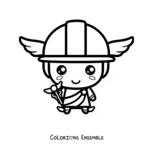 Coloriage d’Hermès kawaii avec son casque et son bâton