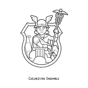 Coloriage d’une caricature d’Hermès, le messager, avec son casque