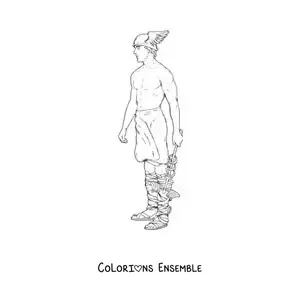 Coloriage d’Hermès réaliste avec son casque ailé et son bâton