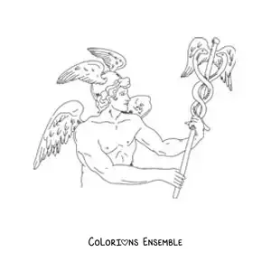 Coloriage du dieu messager Hermès réaliste tenant son bâton