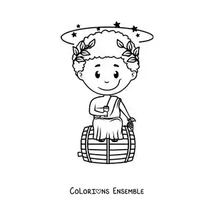 Coloriage du dieu Dionysos en dessin animé kawaii assis sur un tonneau de vin