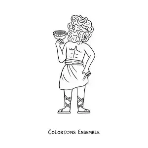 Coloriage de Dionysos en dessin animé buvant un verre de vin