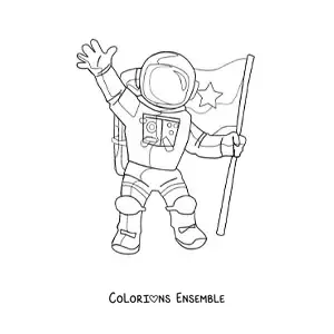 Image à colorier d’un astronaute en combinaison spatiale saluant et tenant un drapeau