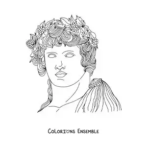 Coloriage d’une statue du visage de Dionysos avec sa couronne de feuilles