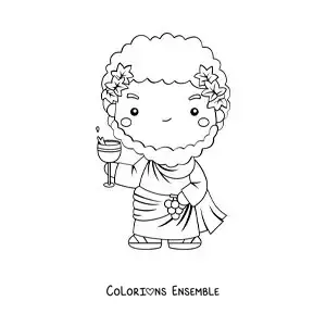 Coloriage du dieu du vin Dionysos en dessin animé kawaii buvant du vin