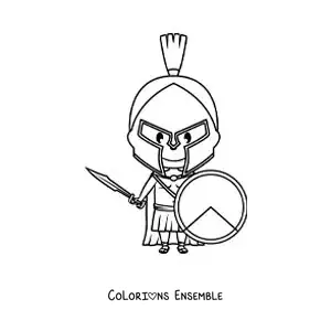 Coloriage du dieu grec Arès kawaii en dessin animé avec son casque