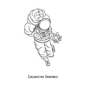 Image à colorier d’un astronaute en combinaison spatiale dans une pose de combat
