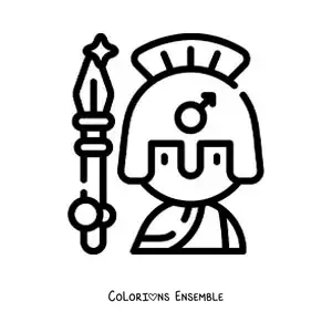 Coloriage d’Arès, le dieu grec, en dessin animé avec sa lance