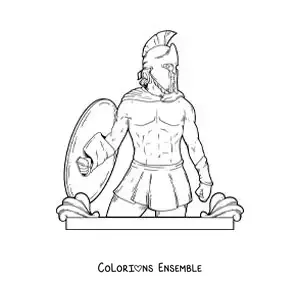 Coloriage d’Arès, le dieu grec, réaliste avec son casque et son bouclier