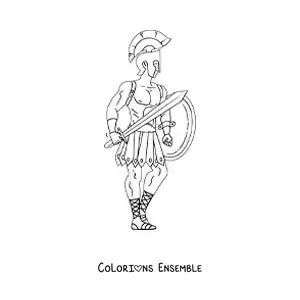 Coloriage du dieu Arès de la mythologie grecque avec son armure et son casque