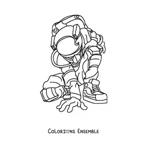 Image à colorier d’un astronaute en combinaison spatiale accroupi