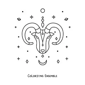 Image à colorier du bélier du signe du Bélier avec des étoiles et des astres