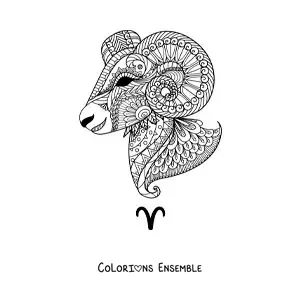 Image à colorier d’un mandala du signe du Bélier