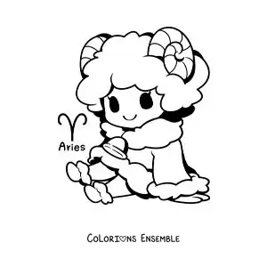 Image à colorier d’un personnage du signe du Bélier kawaii en dessin animé
