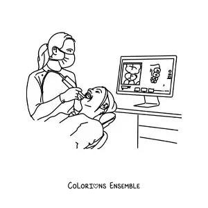 Image à colorier d’une femme dentiste et d’un patient sur le fauteuil de consultation
