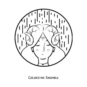 Image à colorier d’une fille du signe du Bélier en dessin animé avec le symbole du Bélier