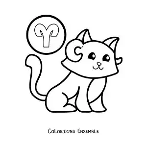Image à colorier d’un chat du signe du Bélier en dessin animé avec son symbole