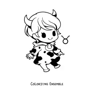 Image à colorier d’une fille du signe du Taureau en dessin animé kawaii avec son symbole