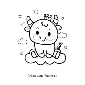 Image à colorier d’un taureau du signe du Taureau en dessin animé kawaii avec son symbole