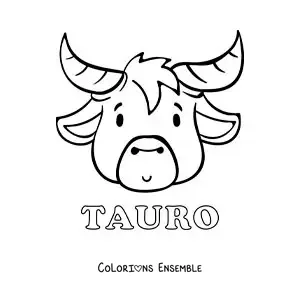 Image à colorier d’un taureau du signe du Taureau en dessin animé avec son nom
