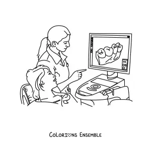 Image à colorier d’une dentiste montrant à un patient ses dents sur un écran