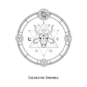 Image à colorier du signe du zodiaque Taureau avec ses symboles
