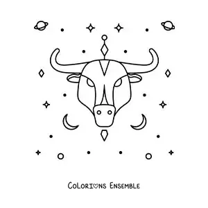 Image à colorier du taureau du signe du Taureau avec des étoiles et des astres