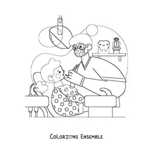 Image à colorier d’une dentiste s’occupant d’une petite fille dans son cabinet