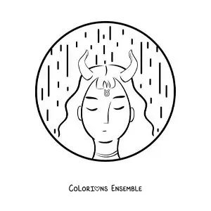 Image à colorier d’une fille du Taureau en dessin animé avec le symbole du signe