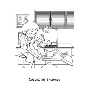 Image à colorier d’une dentiste et d’un enfant dans le cabinet dentaire