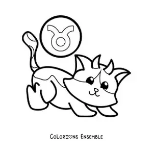 Image à colorier d’un chat du signe du Taureau en dessin animé avec son symbole