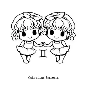 Image à colorier de jumelles du signe des Gémeaux kawaii en dessin animé