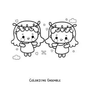 Image à colorier de jumelles du signe des Gémeaux kawaii avec leur symbole