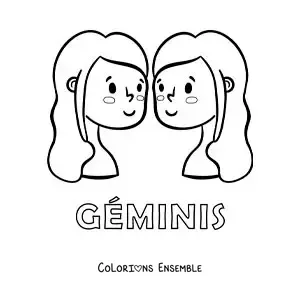 Image à colorier de jumelles des Gémeaux en dessin animé avec le nom du signe