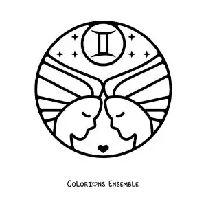 Image à colorier de jumelles du signe des Gémeaux en dessin animé facile avec un cœur