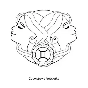 Image à colorier de filles du signe des Gémeaux avec leur symbole