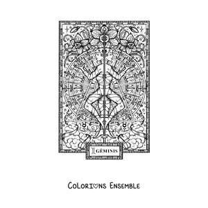 Image à colorier d’une carte du signe du zodiaque des Gémeaux
