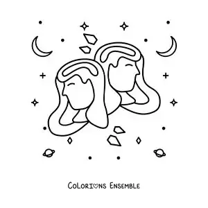 Image à colorier de filles du signe des Gémeaux avec des étoiles et des astres