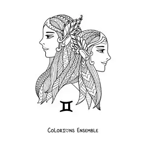 Image à colorier d’un mandala de filles du signe du zodiaque des Gémeaux