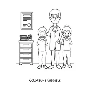 Image à colorier d’un dentiste pour enfants et de deux enfants