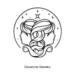 Image à colorier des jumelles des Gémeaux avec leur symbole