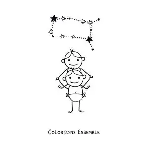 Image à colorier des Gémeaux en dessin animé avec leur constellation
