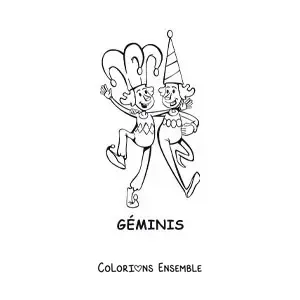 Image à colorier de deux clowns du signe des Gémeaux en dessin animé