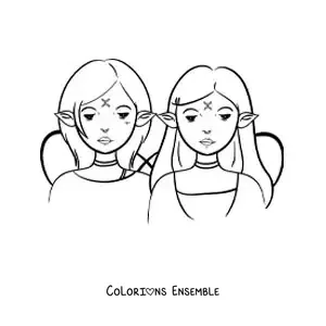 Image à colorier de deux filles en dessin animé du signe des Gémeaux fantastique