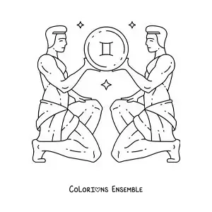 Image à colorier des jumeaux des Gémeaux en dessin animé avec leur symbole
